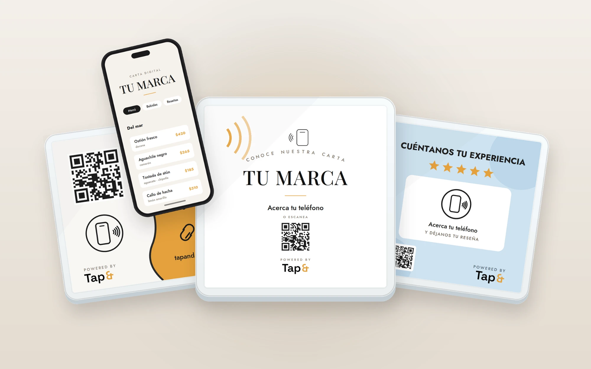 Imagen ilustrativa de las placas de mesa Tap &: carta digital, placa con tu marca y placa de reseñas